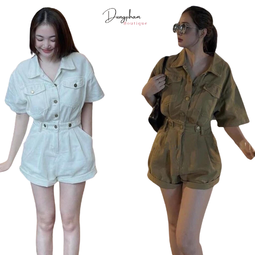 Jum nữ chất kaki cổ bẻ túi ngực quần sooc mặc cực tôn dáng - Anna.Store