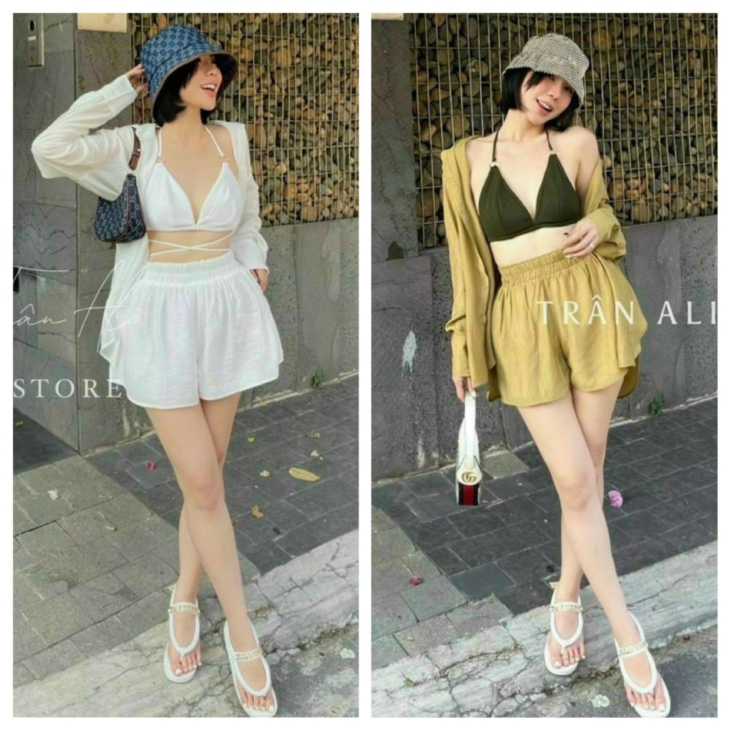 Set đồ bộ nữ áp bra cổ yếm kèm áo sơ mi khoác ngoài mix quần đùi tôn dáng dành cho các nàng đi biển siêu xinh,trẻ trung.