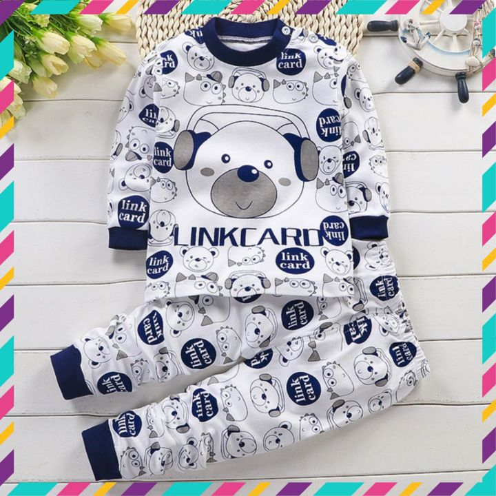 Bộ thu đông cho bé trai, bé gái in hình ngộ nghĩnh cotton mềm và ấm, Bộ dài tay cho bé trai bé gái