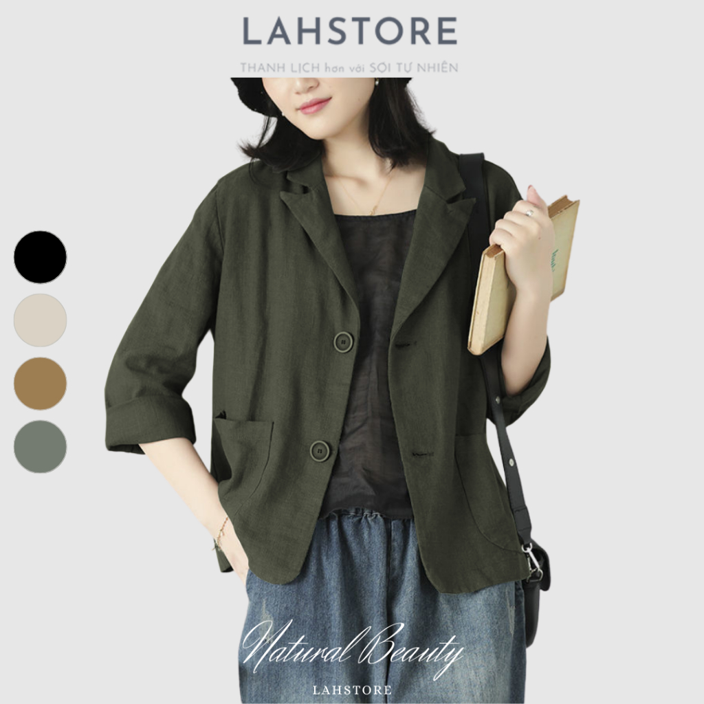 Áo blazer nữ LAHSTORE vải linen thô cao cấp. Hàng 1 lớp, 2 túi, 2 cúc BNU01 (Xanh Rêu, Nâu, Đen, Trắng Kem)