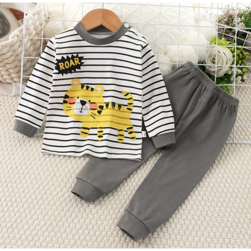 Bộ thu đông cho bé trai, bé gái in hình ngộ nghĩnh cotton mềm và ấm, Bộ dài tay cho bé trai bé gái