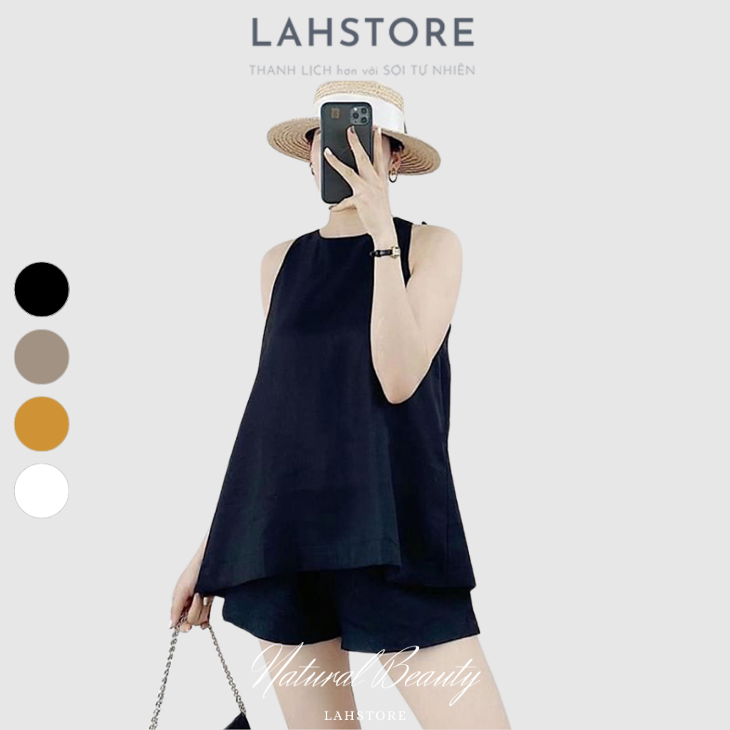 Áo sát nách nữ dáng yếm vải linen tưng Hàn LAHSTORE lưng xẻ sâu, cúc bọc (Đen)