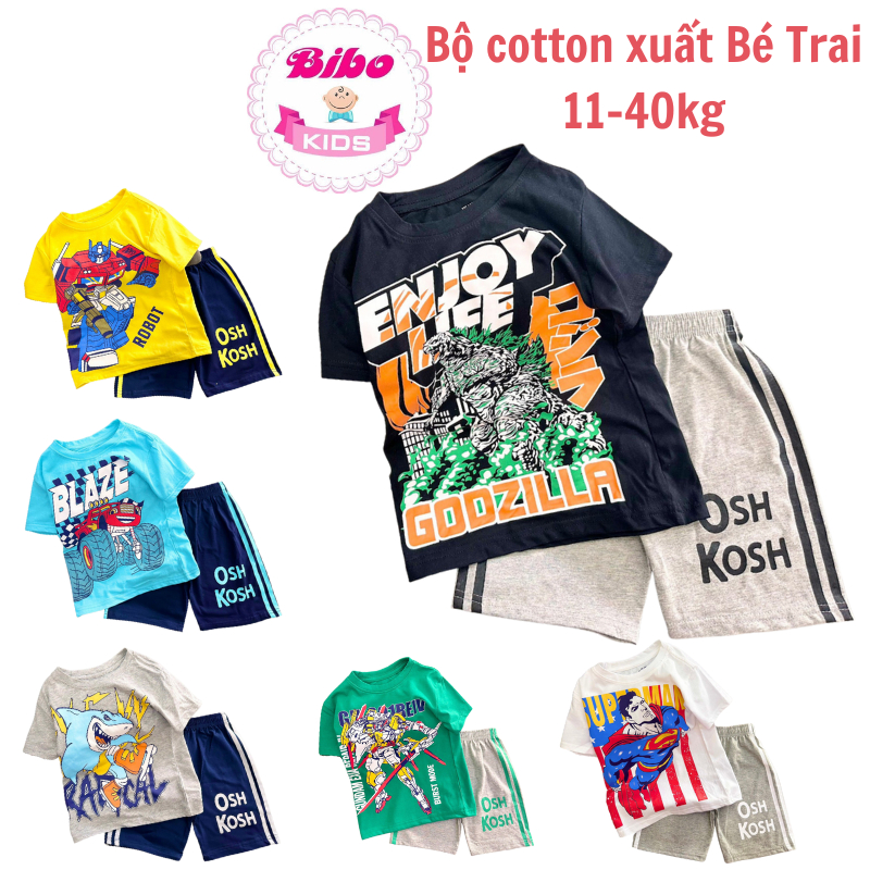 Bộ cotton mềm mịn cho bé trai, Quần Áo trẻ em, Đồ mặc nhà size đại chất đẹp in hình khủng long, ôtô
