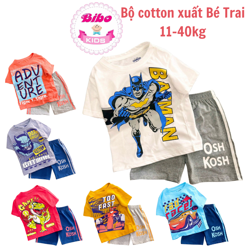 Đồ bộ cho bé trai VNXK thun cotton size nhí đại, Set bộ thun trẻ em Mền mịn, In hình Siêu nhân, khủng long