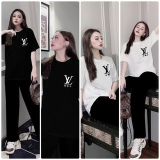 Set bộ đồ thun cotton form rộng quần ống suông áo thêu kí tự