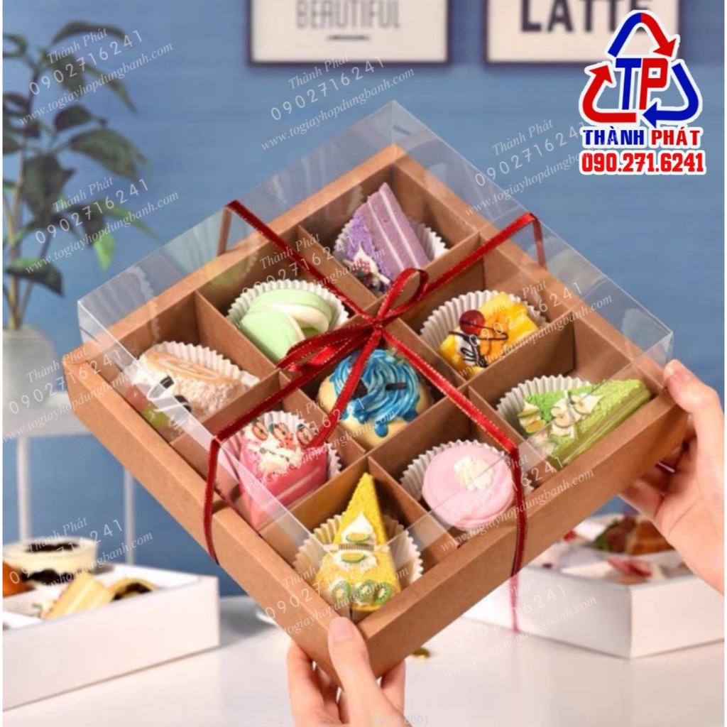 10 Hộp giấy 9 ngăn đựng bánh mousse mix vị - bánh mochi - trung thu 75g - hộp bánh trung thu mini 2023