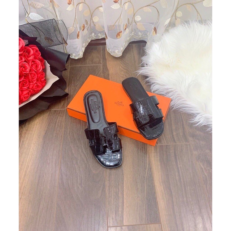 Dép chữ h dép lê nữ thời trang quai ngang đen bóng da rắn sang chảnh quý phái