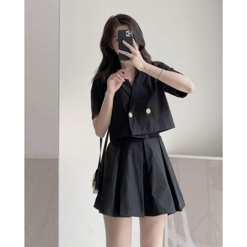 Set blazer dáng croptop kèm chân váy dập li