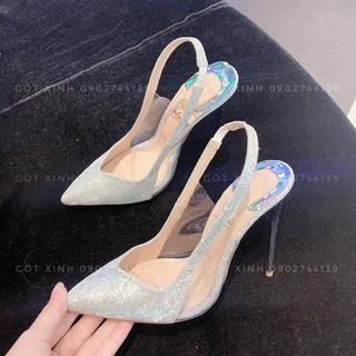 giày bít mũi cổ điển nhũ bóng bạc phối mica sang trọng 9phân 12phân ( M)