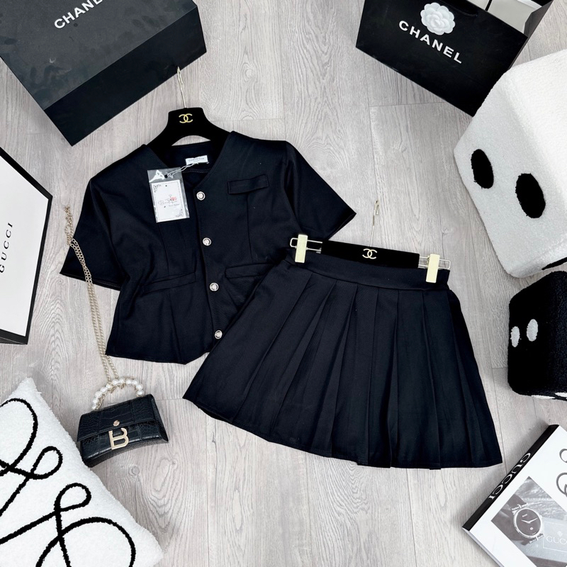 [ 𝐅𝐑𝐄𝐄 𝐒𝐇𝐈𝐏 ] Set áo lượn vạt mix chân váy xếp ly hot hit Vải chéo hàn QC dày đẹp, lượn gấu chuẩn mẫu, cơi túi cẩn thận