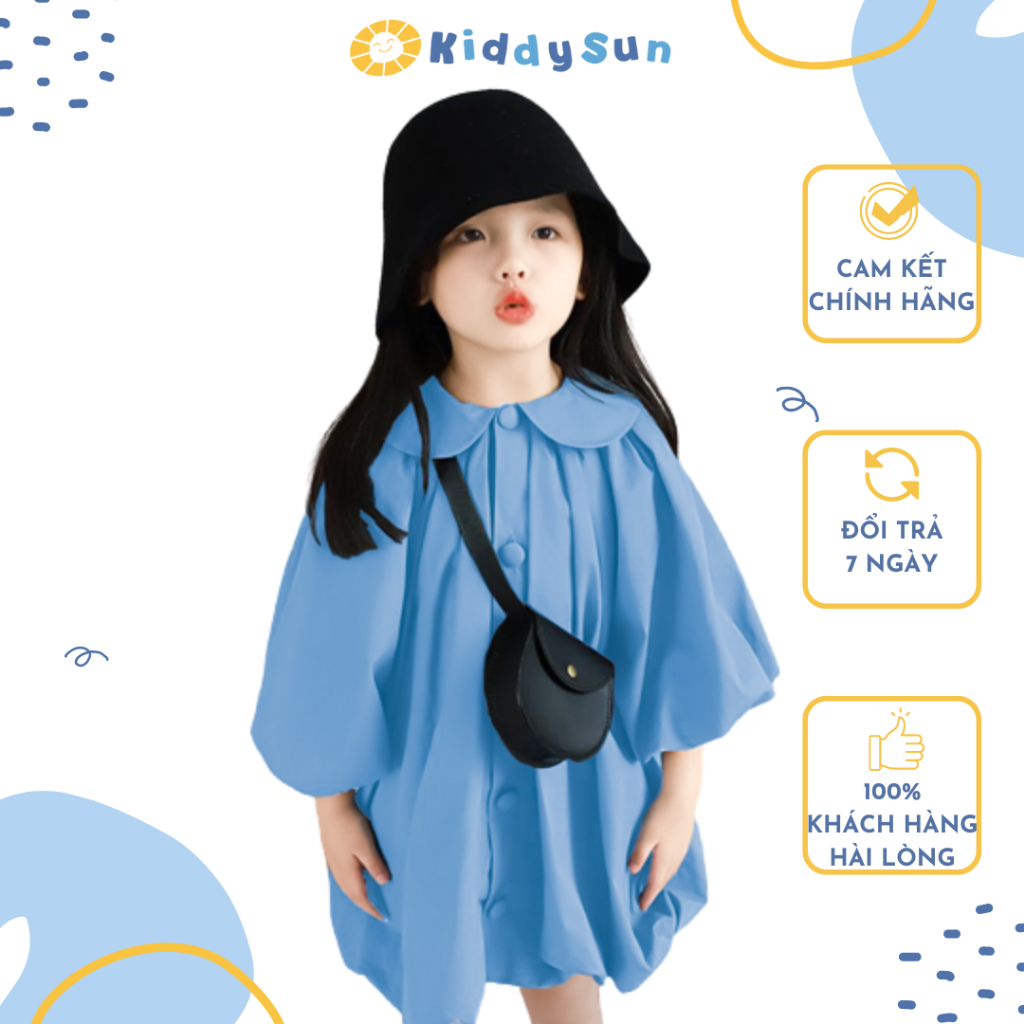 Váy Kiddysun xanh da trời tay bồng cổ bèo xinh xắn đáng yêu an toàn dành cho bé gái 2,3,4,5,6,7,8,9,10,11,12 tuổi [V341]