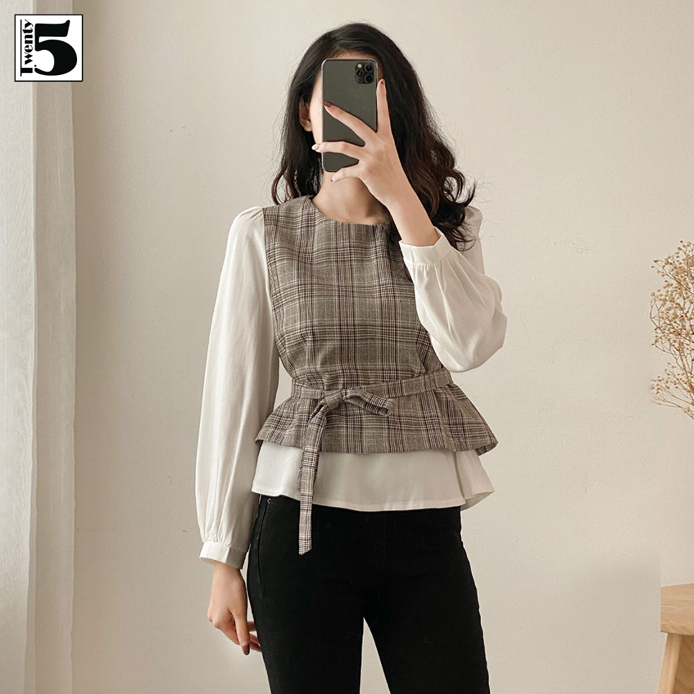 Áo sơ mi kiểu nữ công sở cổ tròn phối tay tùng dưới dây thắt eo Twentyfive N192