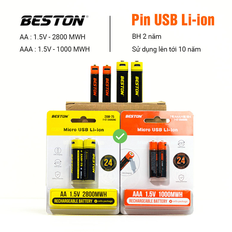 Pin sạc Beston AA/AAA 1.5V kèm bộ sạc nhanh bằng cổng USB