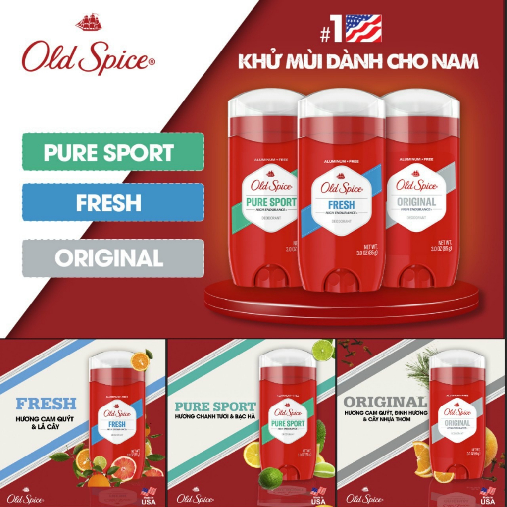(Sáp xanh) Lăn khử mùi Old Spice 85g Pure Sport Fresh Original Made in USA NK Mỹ