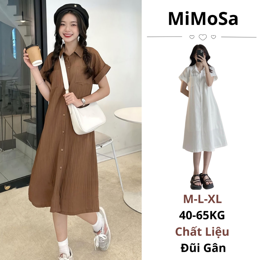 Váy Sơ Mi Dáng Dài MiMoSa, Đầm Suông Dài Đũi Gân Hàn Quốc Cao Cấp BigSize 156