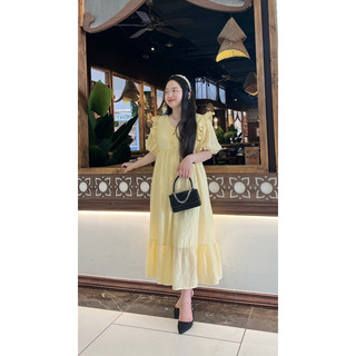 Đầm tơ nhăn bèo ngực tay phồng