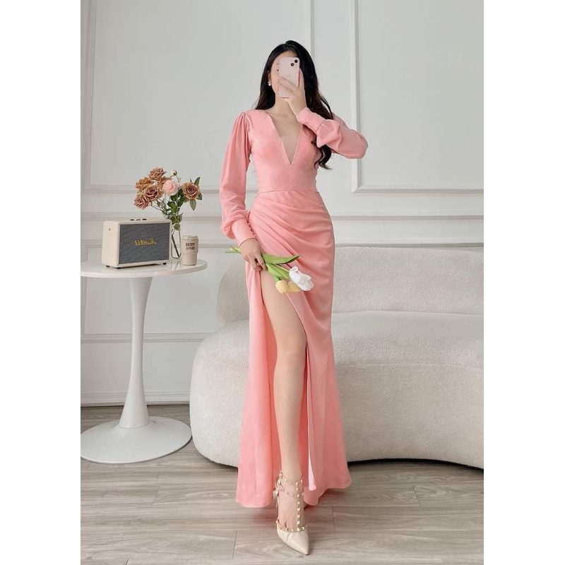 Váy Dạ Hội Đi Bàn Lụa Màu Hồng Cam