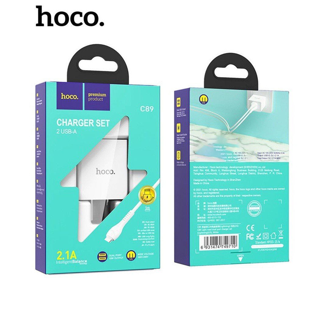 Hoco chính hãng - Sạc Hoco Cho IP C89 2.1A với 2 cổng USB gồm củ và dây cáp dài 1m - Shin Case