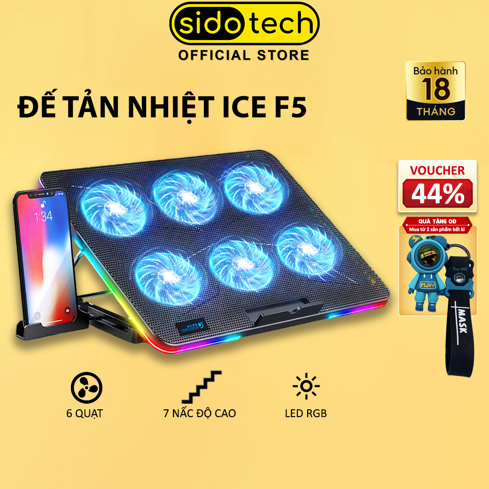 Đế tản nhiệt laptop gaming SIDOTECH ICE F5 6 quạt giá đỡ laptop đèn led rgb chỉnh tốc độ gió làm mát nhanh chống ồn