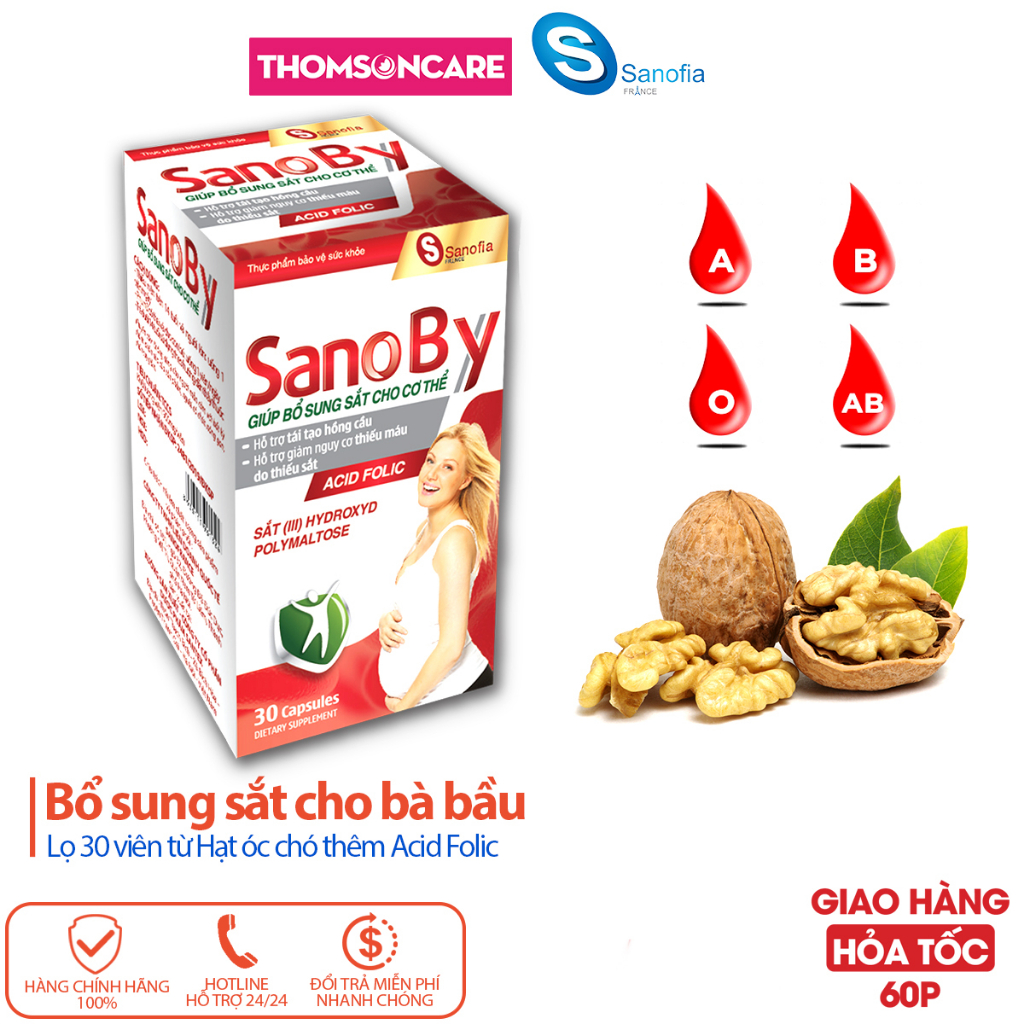 Sắt cho bà bầu Sano By - giúp bổ máu cho bà bầu, giúp thai nhi phát triển não bộ từ hạt óc chó - Lọ 30 viên