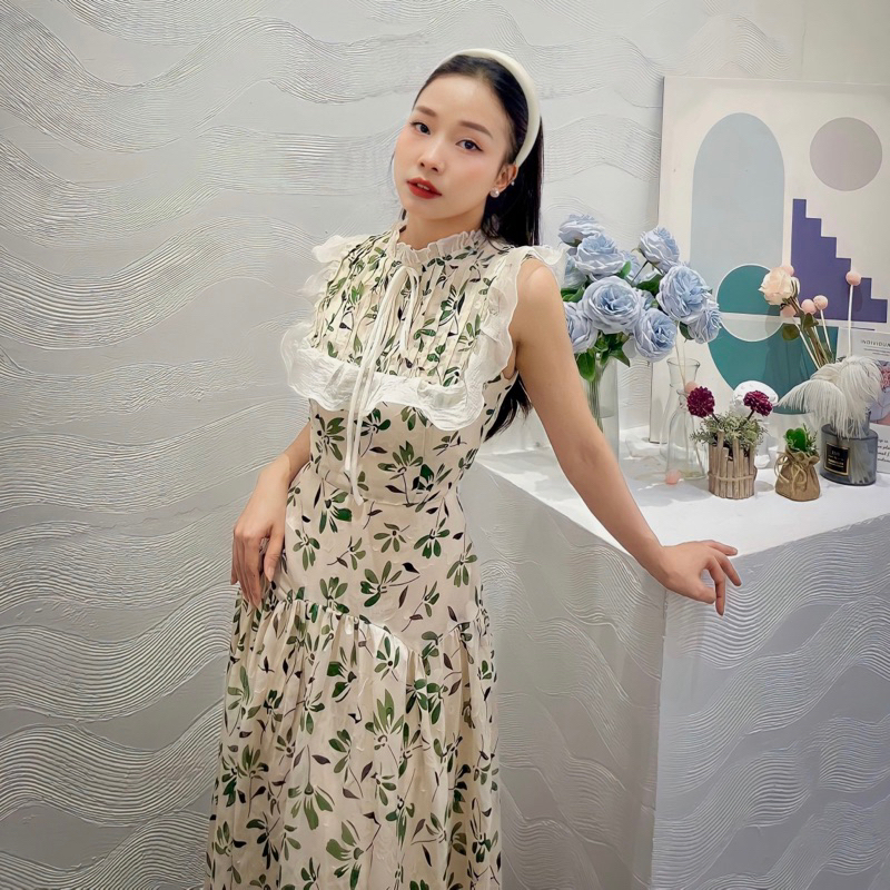 Váy voan hoa nổi, cổ bèo phối tơ, xếp ly ngực, đi dạo phố, du lịch, đi biển VA018