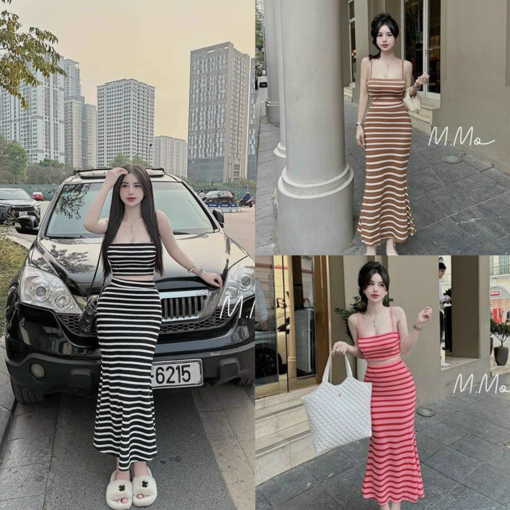 Set váy nữ kẻ sọc áo 2 dây phối váy ôm body đuôi cá siêu xinh xắn với các tone màu quyến rũ, phù hợp đi dạo, đi biển