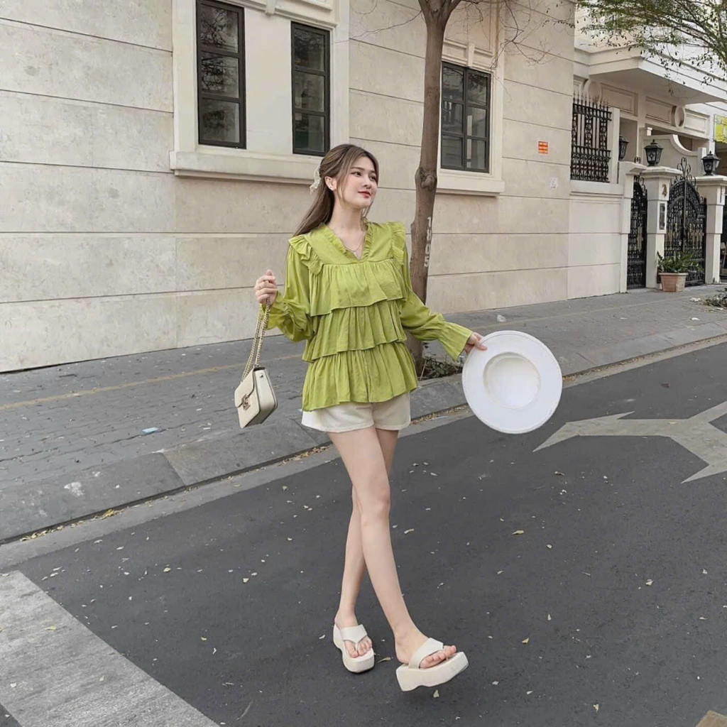 Set bộ đùi tiểu thư hàn quốc, set áo babydoll bèo tầng xanh lá tay dài mix quần sooc đùi trắng đi chơi kèm ảnh thật mtb