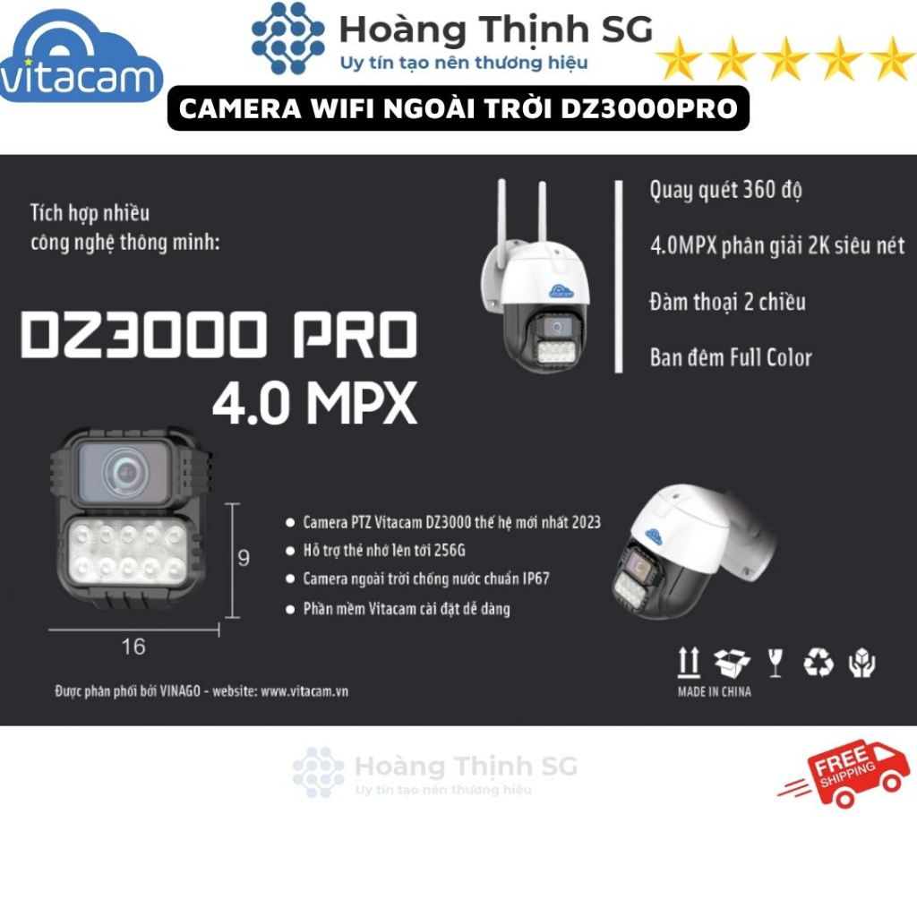 Camera Wifi Ngoài trời Vitacam DZ3000 Pro - 4mpx - 2K - 12 LED trợ sáng Quay đêm có màu, Đàm thoại 2 chiều - Mới 2023