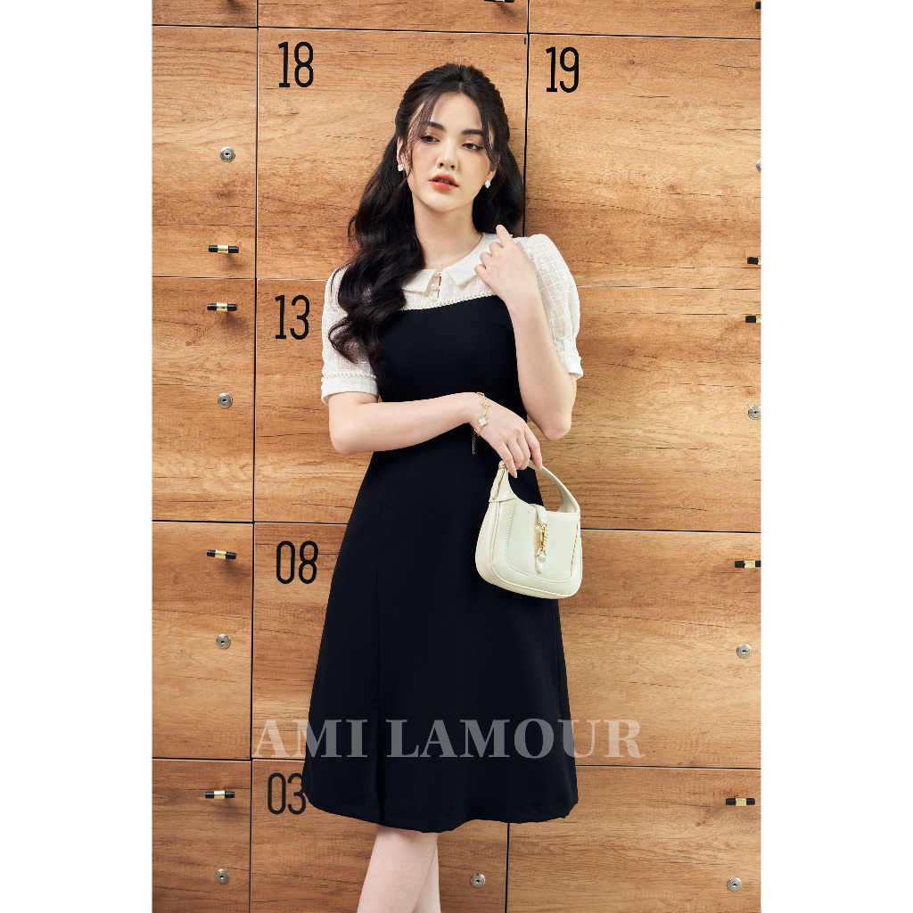 Váy thiết kế Verano dáng A xẻ đùi sang trọng, Đầm công sở cổ bèo chất Ellie lót lụa phối vải Oganza Silk in hoa chìm