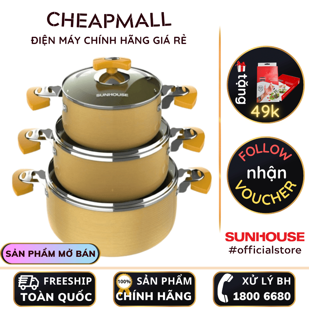 Bộ 3 nồi đáy từ hợp kim nhôm Anod siêu cứng Sunhouse SHG7734M kích thước 16cm 20cm 24cm - CheapMall
