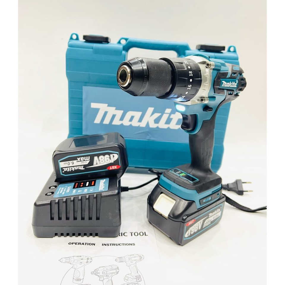 Máy khoan Pin Makita, Máy khoan Pin 3 chức năng, khoan tường, khoan sắt, bắt vít, Động cơ không chổi