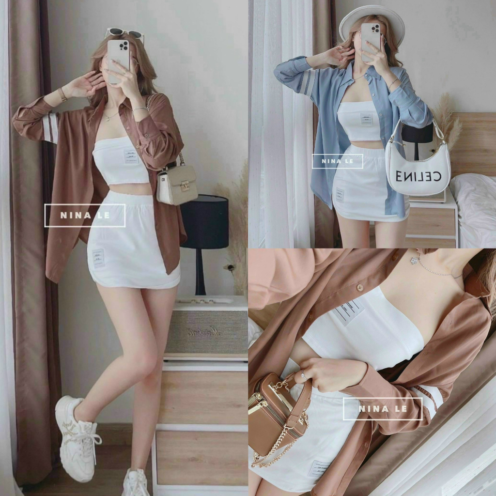 Set váy nữ 3 món áo bra mix chân váy ôm ngắn xinh xắn kèm áo khoác sơ mi kẻ sọc tay dành cho các tình yêu đi biển