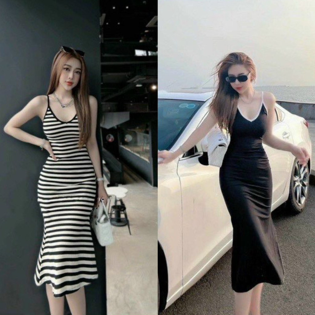 Đầm váy nữ 2 dây kẻ sọc ôm body đuôi cá siêu sang chảnh, quyến rũ với tone đen và trắng thích hợp đi dạo phố, đi biển
