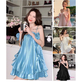 Đầm dập ly 2 lớp đính nơ lụa bóng cao cấp
