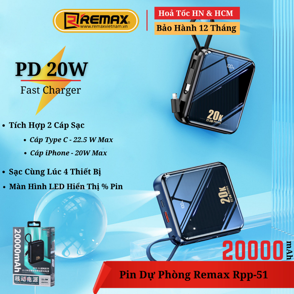 Pin Sạc Dự Phòng Đa Năng 20000mAh Sạc nhanh 22.5W Tích Hợp Cáp Sạc Và Đèn Led- Remax Việt Nam RPP-51- Bảo Hành 12 Tháng
