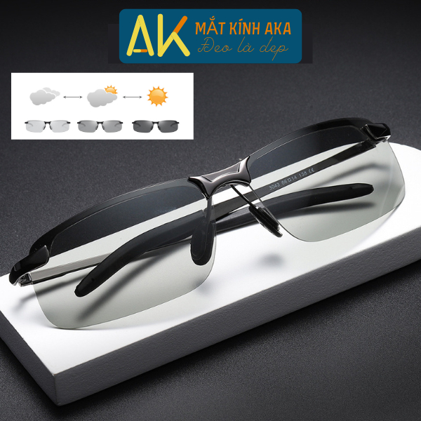 Mắt kính đổi màu nam râm mát thời trang cho người mặt to tròn ngầu đen cao cấp chống tia uv AKA