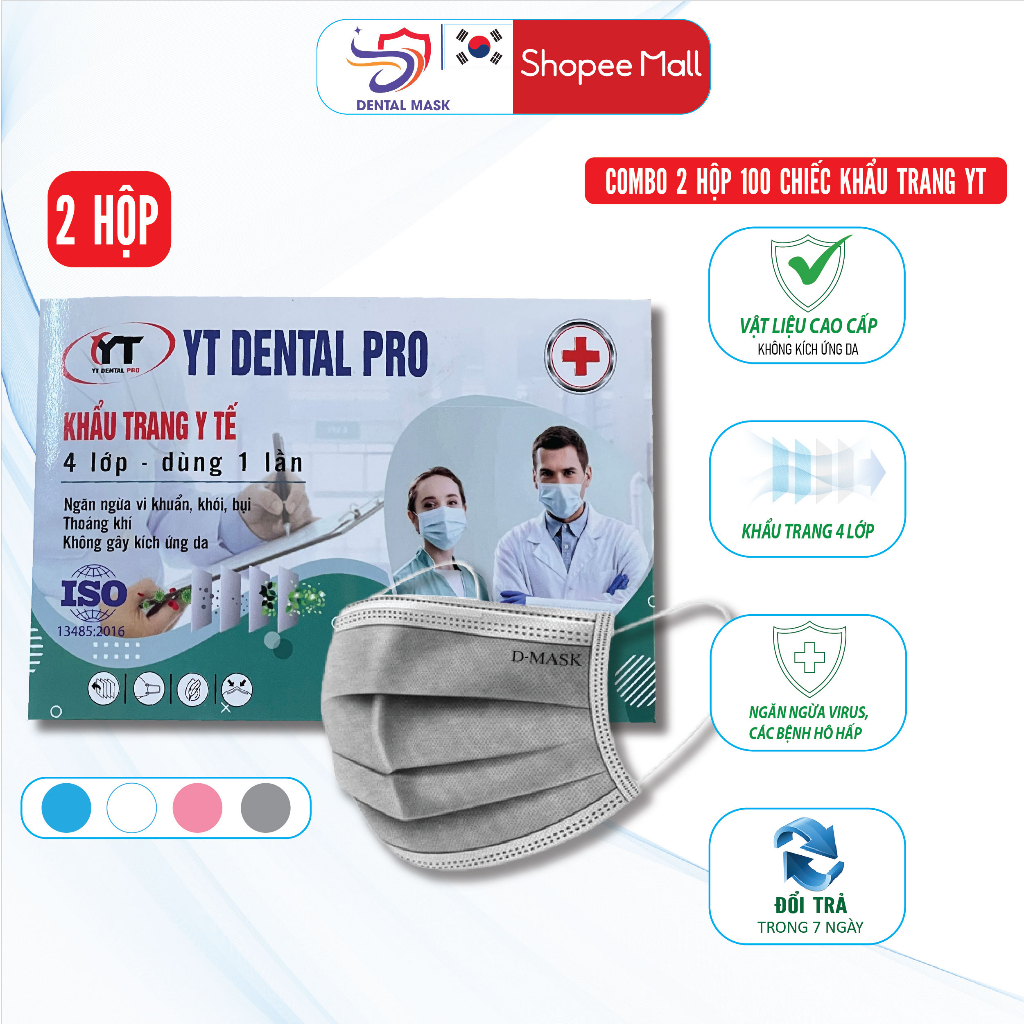 Khẩu trang y tế 4 lớp dày dặn chống bụi mịn màu xanh, xám, trắng thùng 100 chiếc - Dental Mask