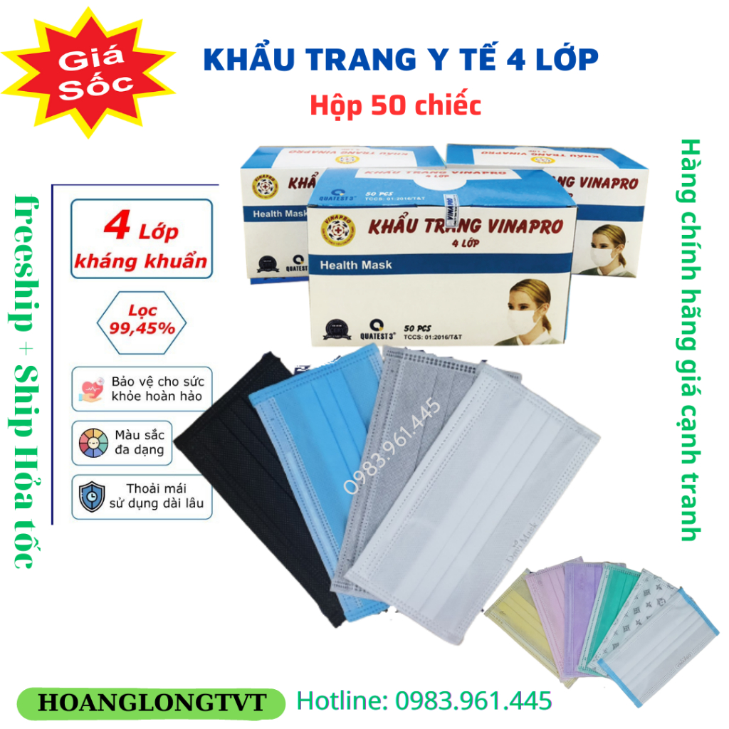 Hộp 50 chiếc khẩu trang y tế 4 lớp, hàng hãng có logo và kiểm định chất lượng (xanh-xám-trắng-đen)