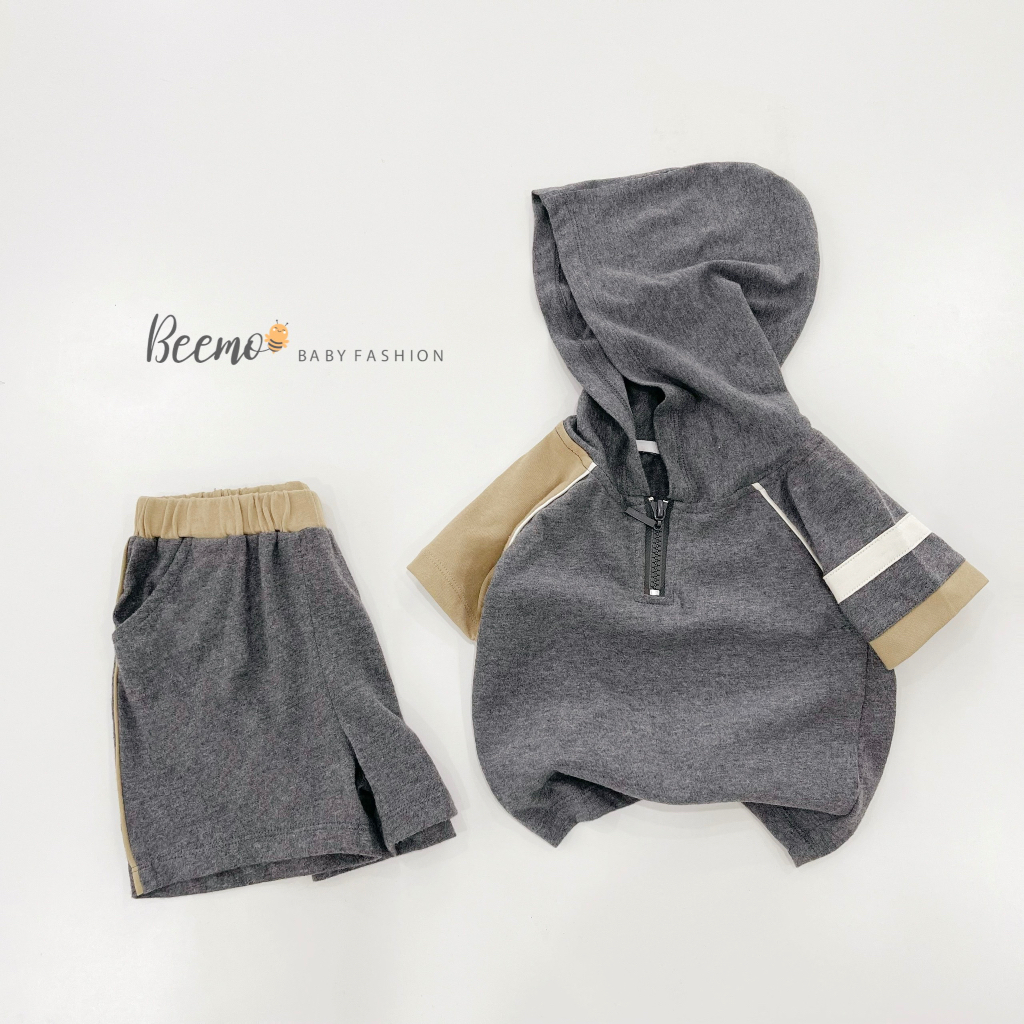 Bộ quần áo hoodie kéo khoá cho bé Beemo,Chất liệu cotton co giãn,thiết kế tay áo raglan,phối mũ cá tính B303