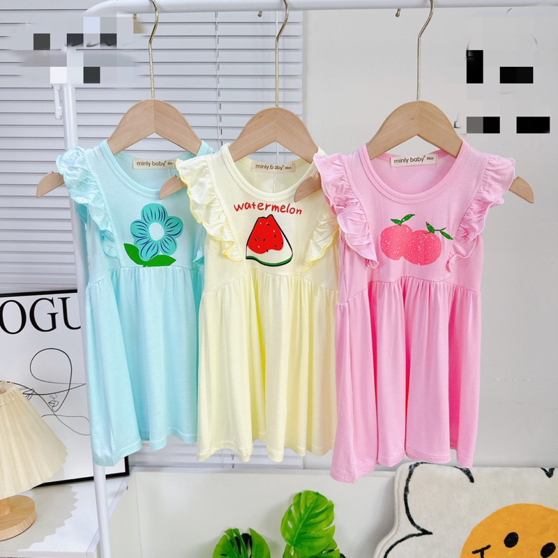 Váy bèo vai bé gái thun lạnh in hoa