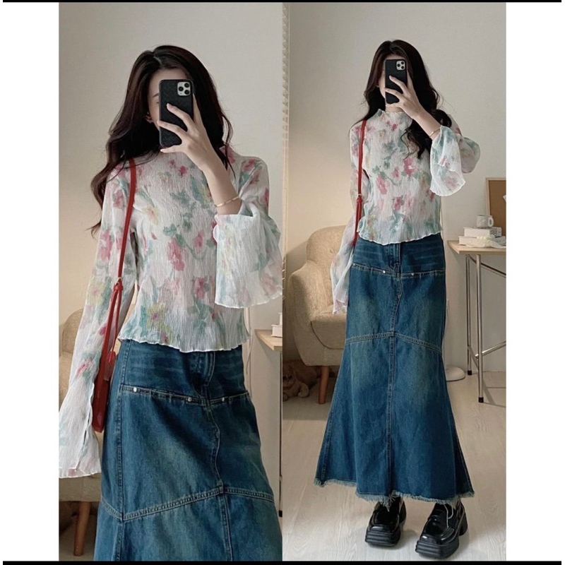 Áo croptop voan hoa to dài tay ống loe phong cách hàn quốc nhẹ nhàng nữ tính xưởng sỉ nguyễn hoa