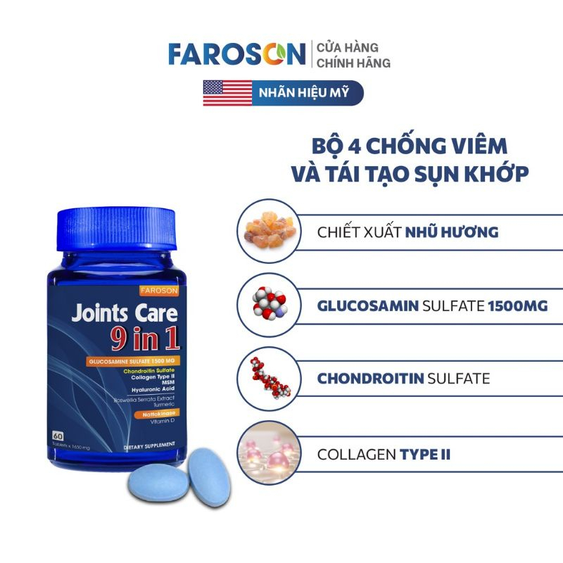 Viên uống bổ khớp Faroson Joints Care 9in1 60 Viên - Giúp tái tạo sụn và giảm viêm đau khớp 9 in 1 Jointcare