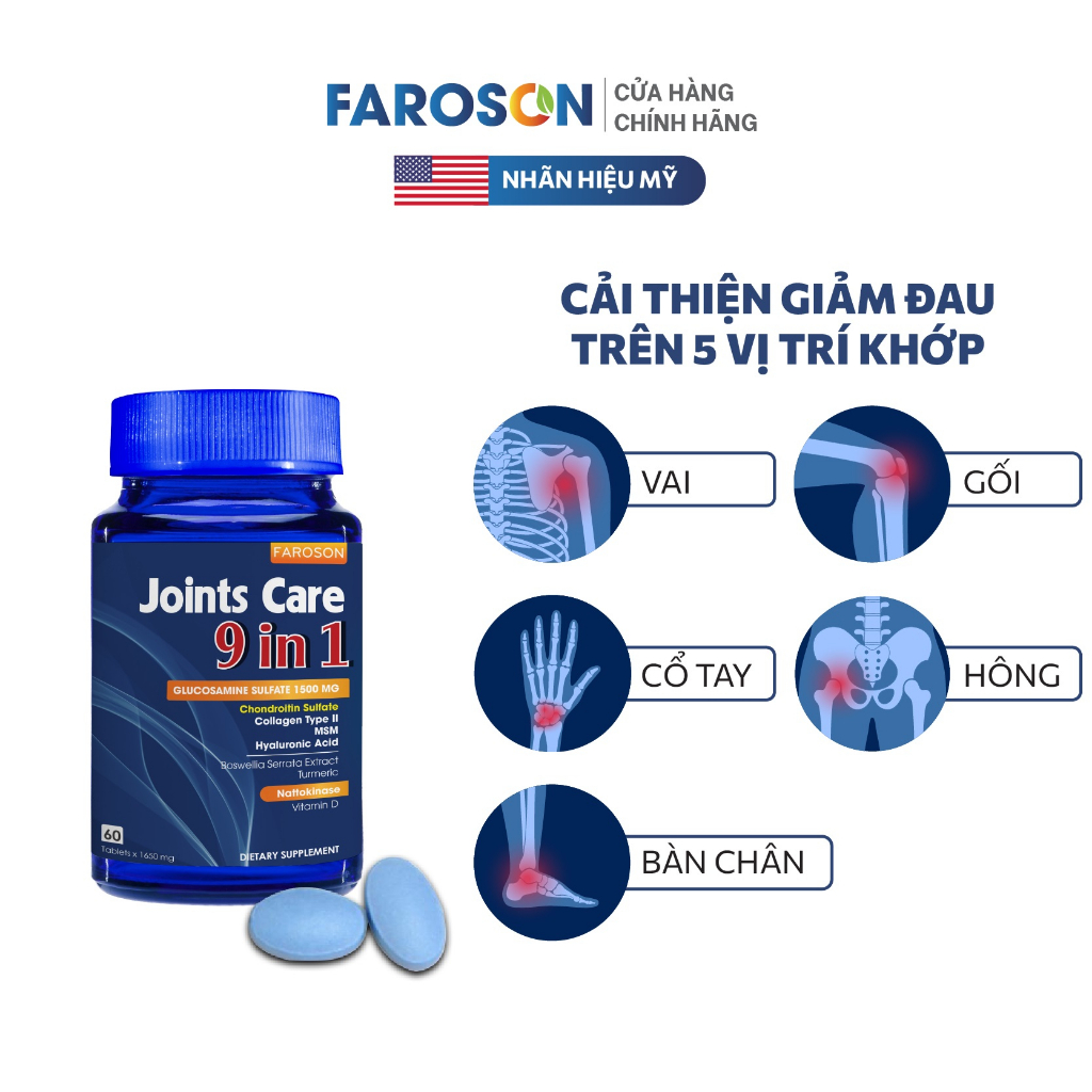 Viên uống bổ khớp Faroson Joints Care 9in1 60 Viên - Giúp tái tạo sụn và giảm viêm đau khớp 9 in 1 Jointcare