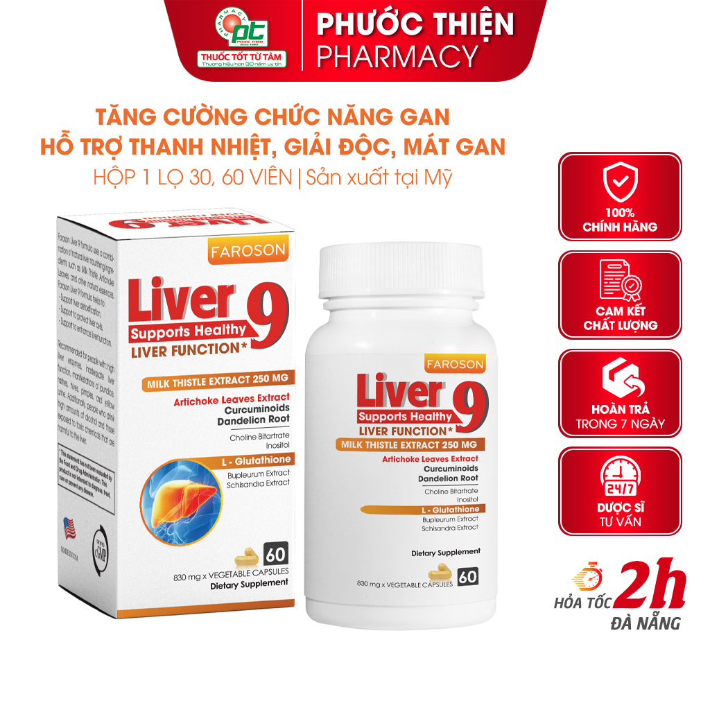 Viên uống bổ gan giải độc gan Faroson Liver 9 - hỗ trợ chức năng gan Chiết xuất atiso, kế sữa, l-glutathione Liver9