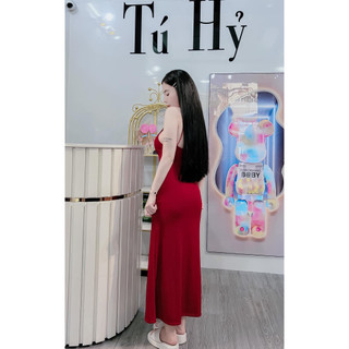 Đầm tthun gân trơn màu ôm body cổ yếm quyến rũ, đầm thun maxi dáng dài hở lưng mặc nhà, đi chơi thoải mái