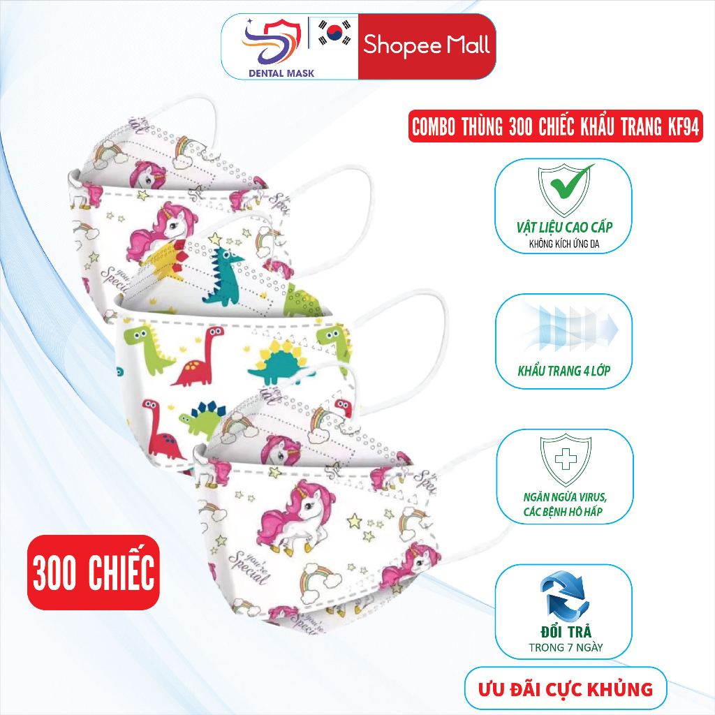 Khẩu trang y tế 4D KF94 4 lớp có giấy lọc kháng khuẩn họa tiết dễ thương cho bé thùng 300 chiếc - Dental Mask