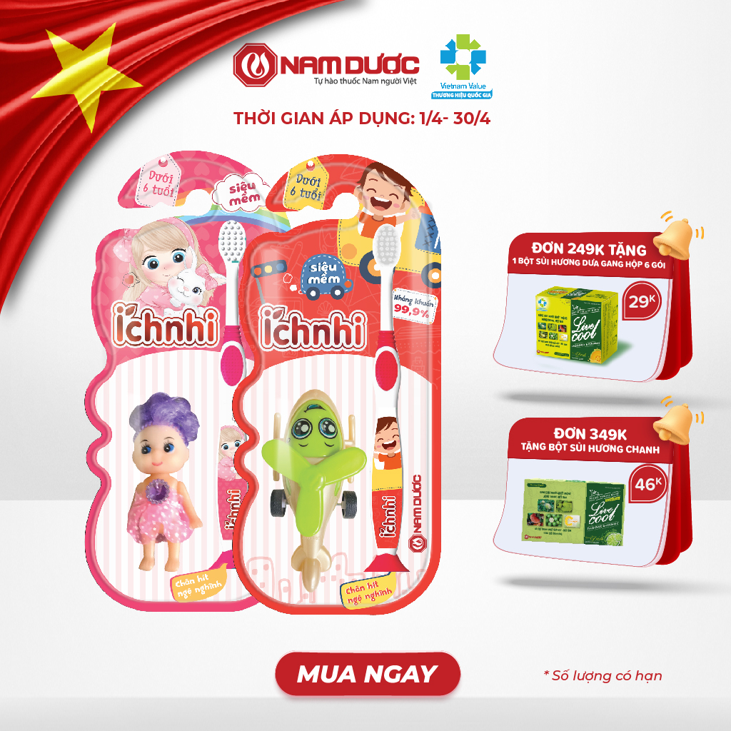 Bàn chải đánh răng cao cấp Ích Nhi cho trẻ em (dưới 6 tuổi) kèm đồ chơi cho bé, lông siêu mềm mịn, kháng khuẩn 99.9%