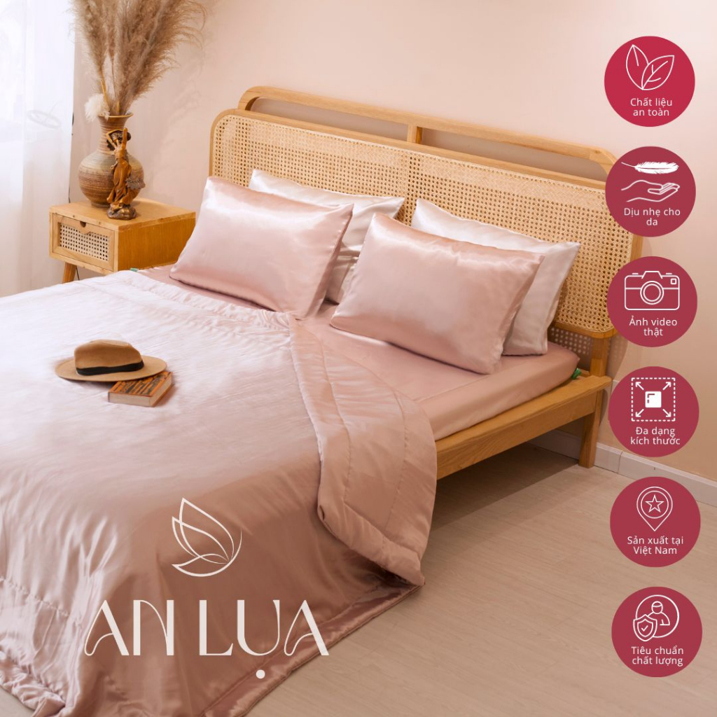 Bộ chăn drap 5 món An Lụa - Hồng nude - vải lụa mịn mát và thân thiện cho da