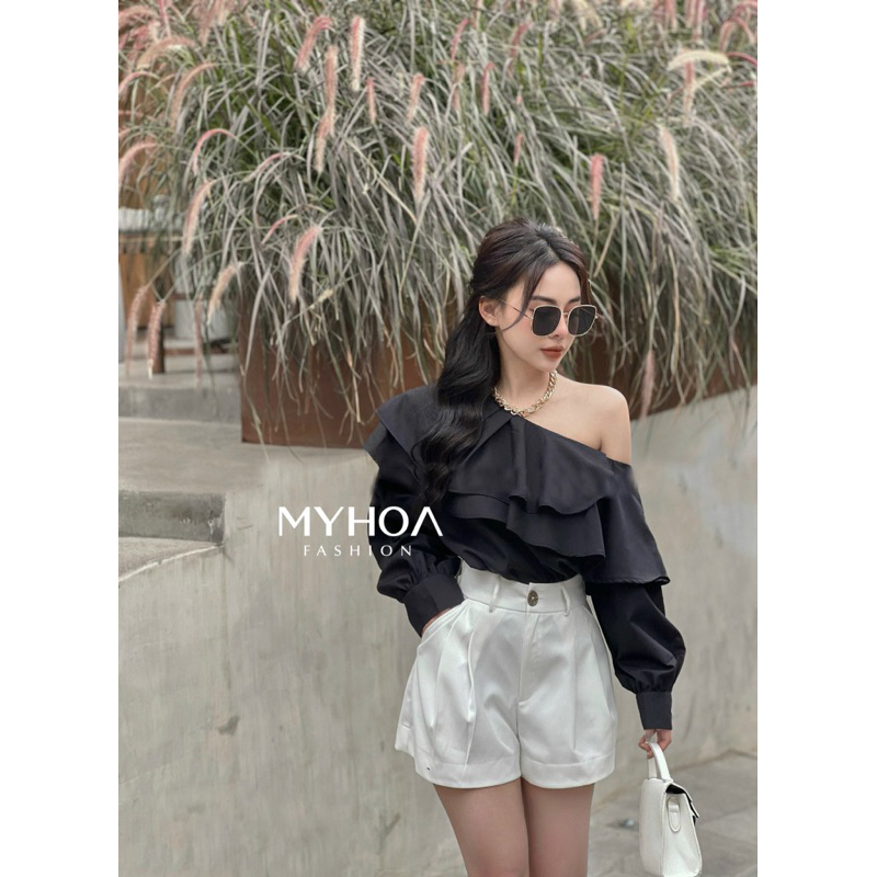MYHOA| Áo Sơ Mi Dài Tay Viền 2 Tầng Trễ Vai Công Sở TKCC