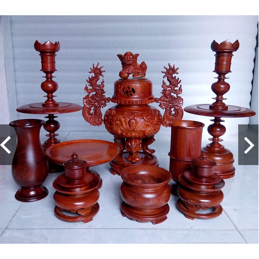 Bộ lư hương 9 món gỗ hương loại đục tay cao 50cm